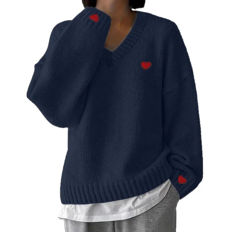 Heart Embroidery Sweater Women's V Neck Oversized Pullover Romantic Casual Top
