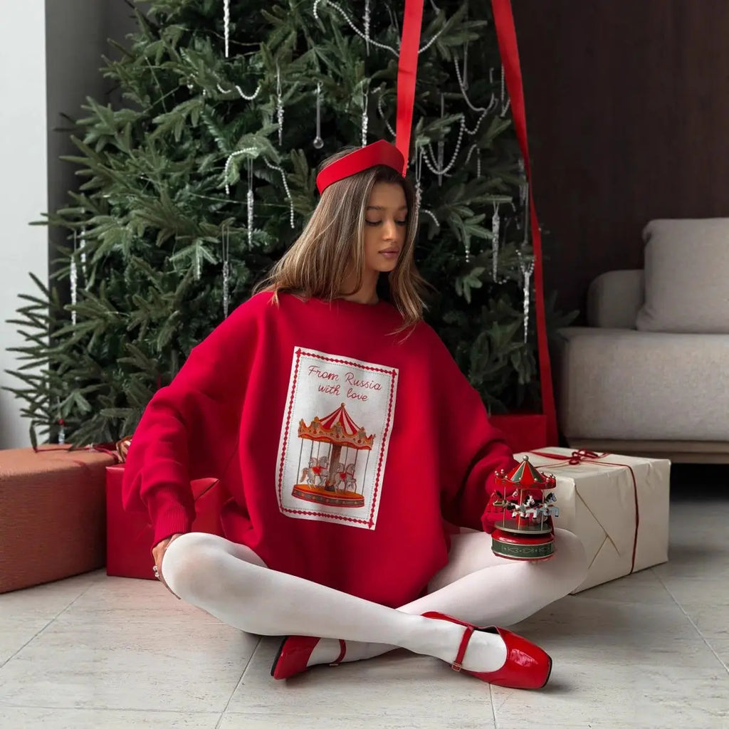 Christmas Sweet Women Oversized Red Crewneck Sweatshirt "From Russia with Love" Carousel Print Retro Festive Holiday Pullover