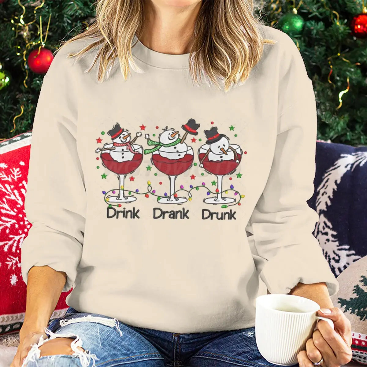 Women Wine Glass Christmas Sweatshirt Jumper Xmas Gifts Cartoon Top Long Sleeves Funny Cute Snowman Harajuku Fashion Sweater