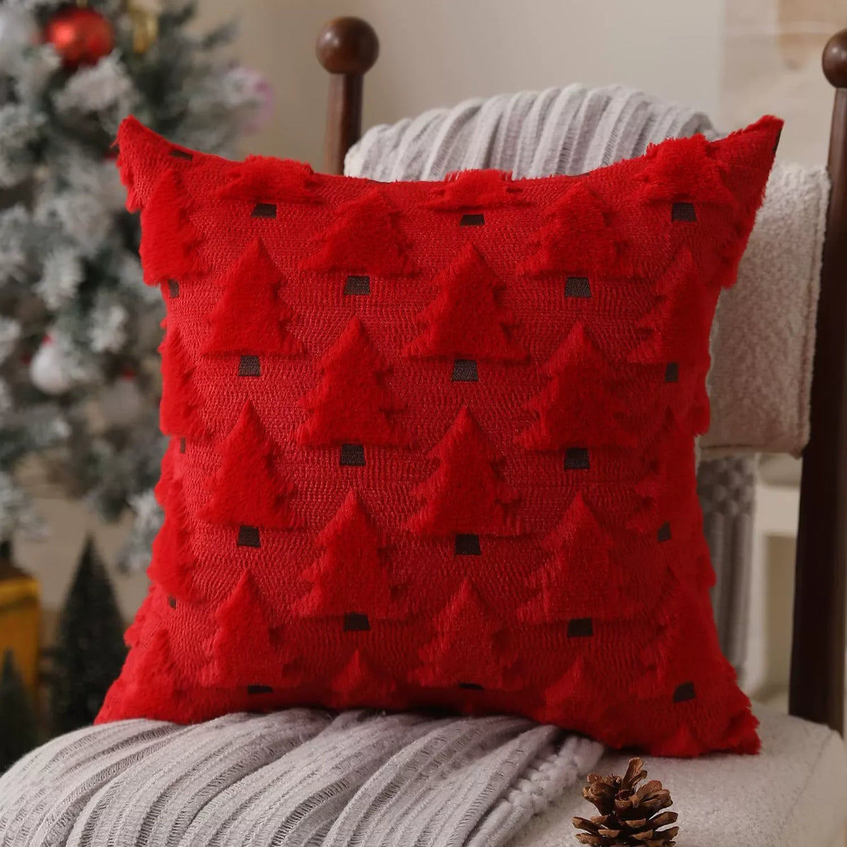 Christmas Throw Pillow Covers Set of 2 Xmas Tree 18x18 Pillow Covers Soft Plush Faux Wool Pillowcases Festival Winter Home Decor