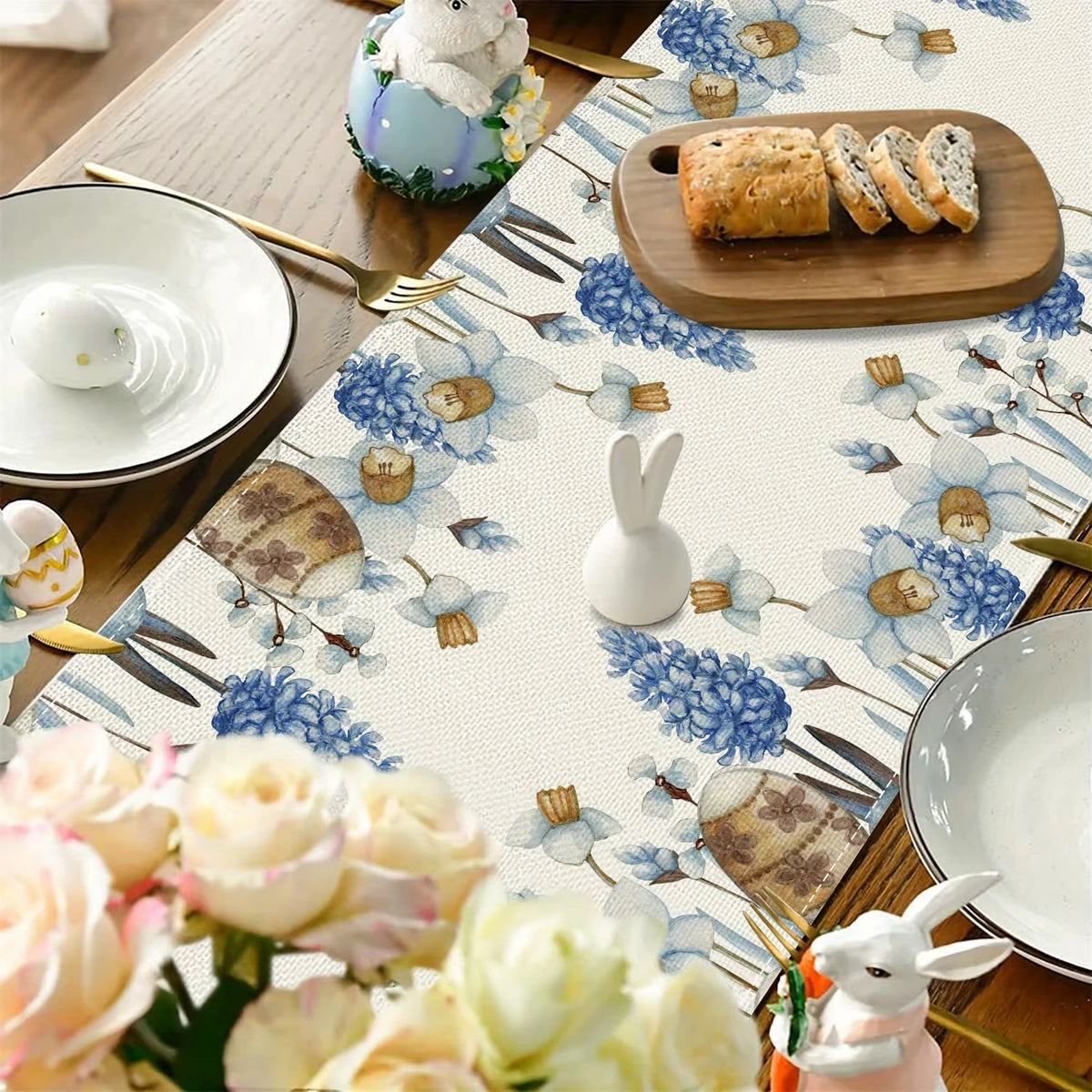 Easter Blue Eggs & Floral Linen Table Runner - Spring Botanical Dresser Scarf for Kitchen Dining Home Holiday Party Decor