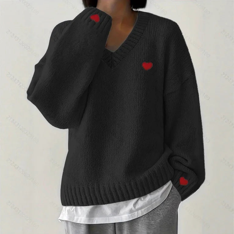 Heart Embroidery Sweater Women's V Neck Oversized Pullover Romantic Casual Top