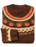 Roupas Femininas Women's Holiday Round Neck Pullover Sweater Halloween Themed Decoration Pumpkin Jacquard Casual Knitted Sweater