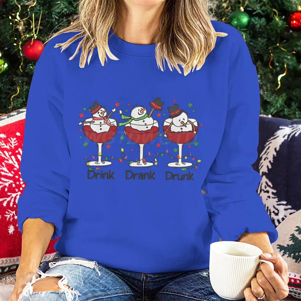 Women Wine Glass Christmas Sweatshirt Jumper Xmas Gifts Cartoon Top Long Sleeves Funny Cute Snowman Harajuku Fashion Sweater