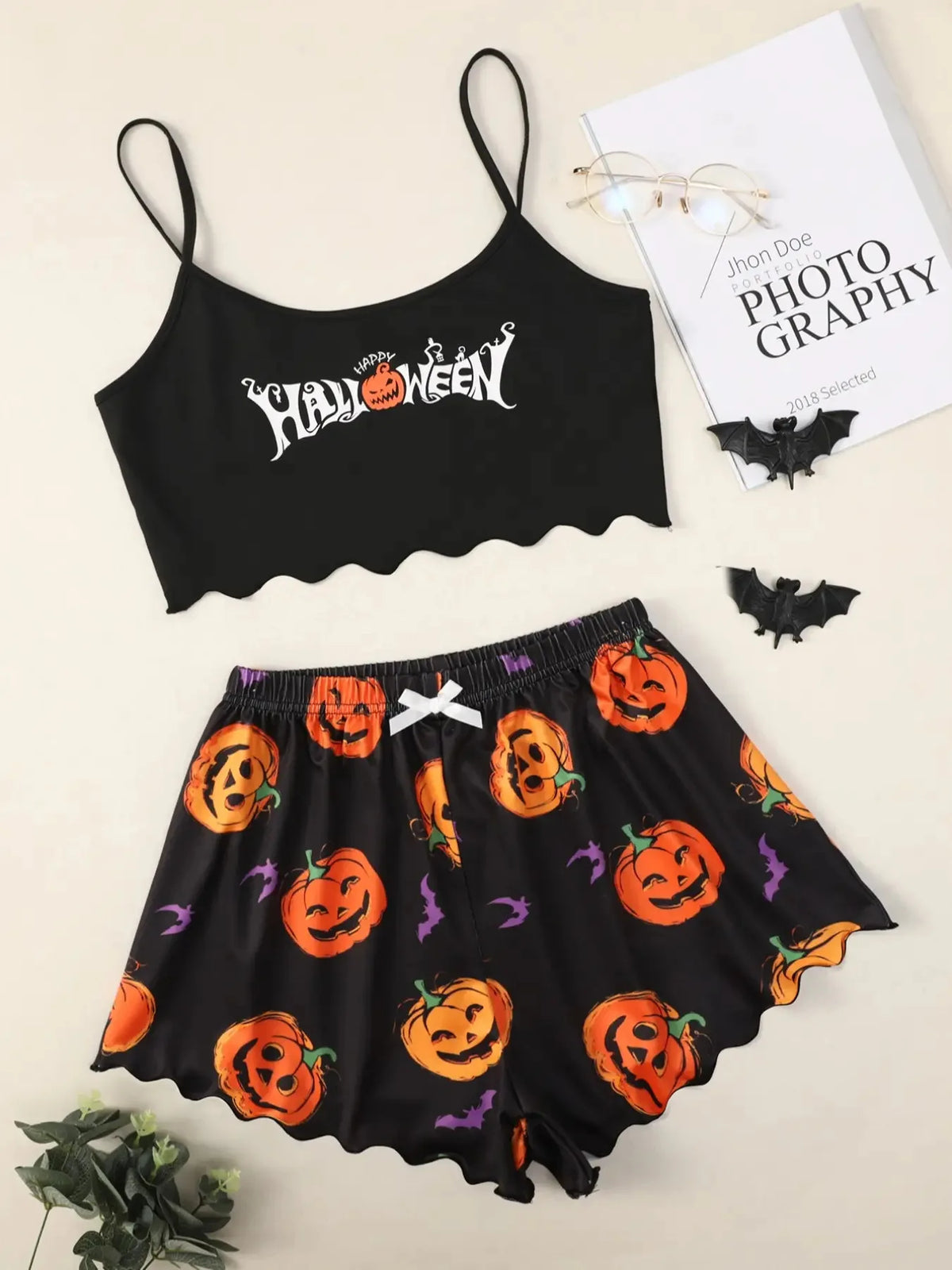 Halloween Pajamas Set Women Sleepwear Devil Pumpkin Print Short Sleeve Tops and Shorts Set Home Clothes Nightwear