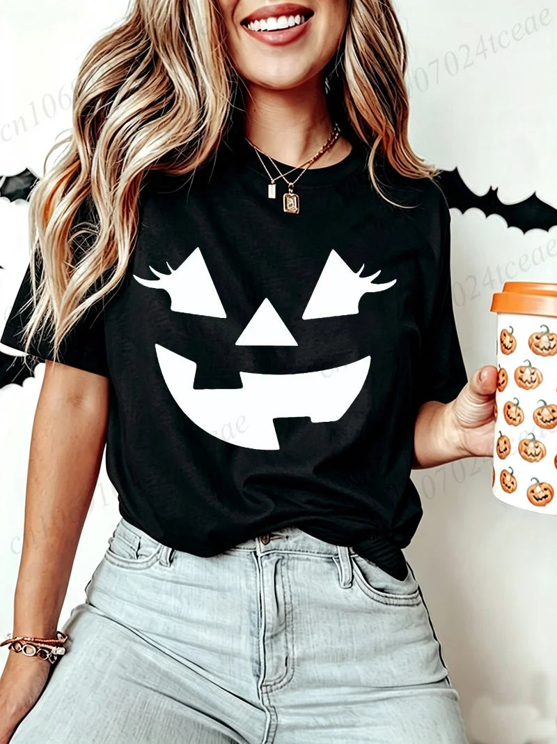 Funny Evil Pumpkin Face Halloween Women Tees Funny Spooky Season Tshirt Female Clothes Short Sleeve Tops Fashion Graphic Shirt