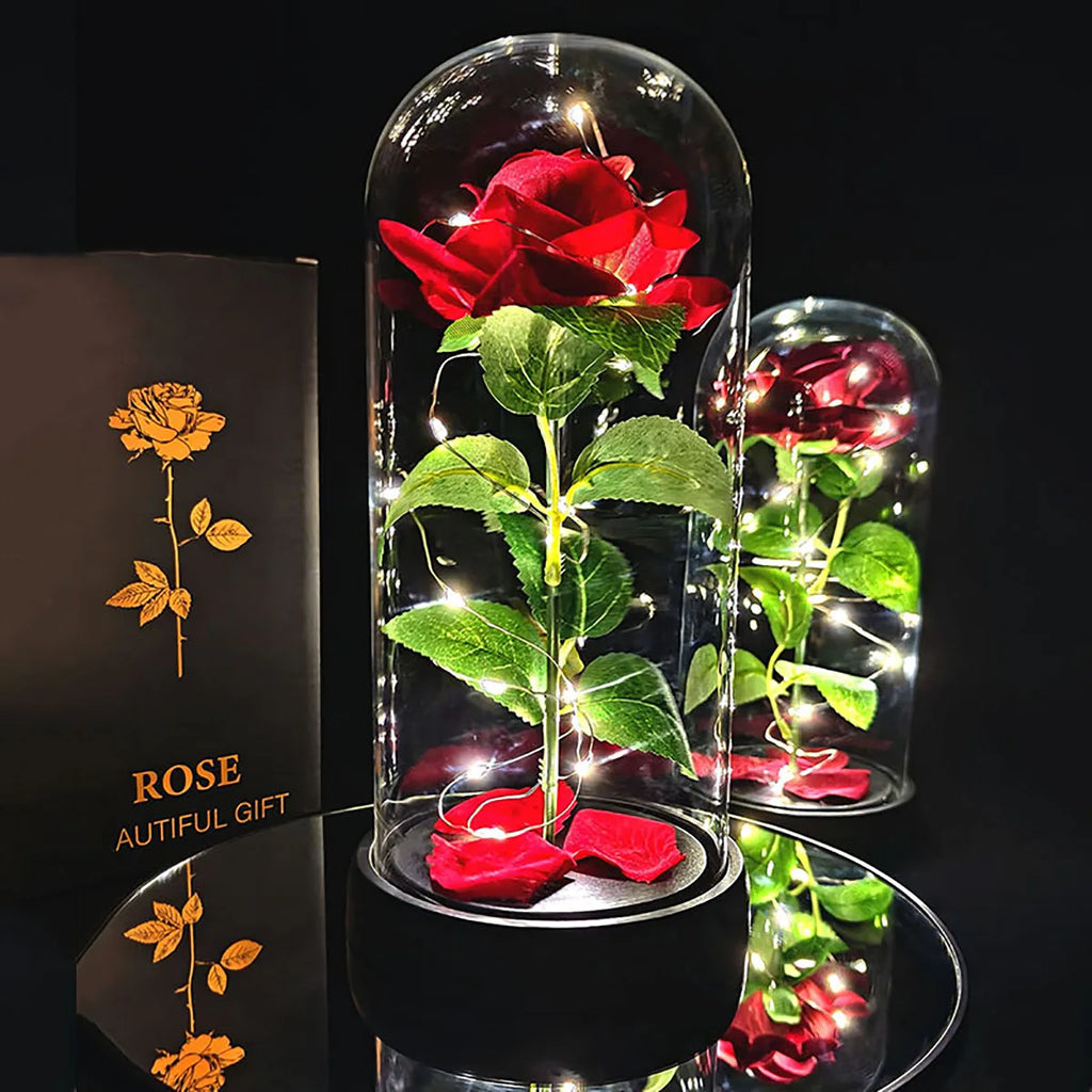 1pc LED Rose in Dome Decorative Lamp Valentine's Day Gifts for Her, Room Decor Artificial Flower with Warm Glow, Red Rose & Gree