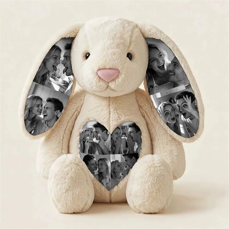 Custom Photo Bunny Plush with Hidden Ear Pictures Personalized Bunny Stuffed Animals Keepsake Gift for Couples Birthday Gifts