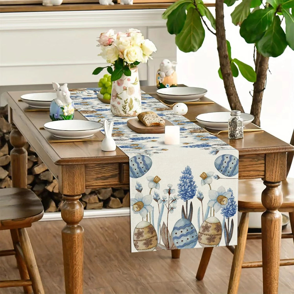 Easter Blue Eggs & Floral Linen Table Runner - Spring Botanical Dresser Scarf for Kitchen Dining Home Holiday Party Decor