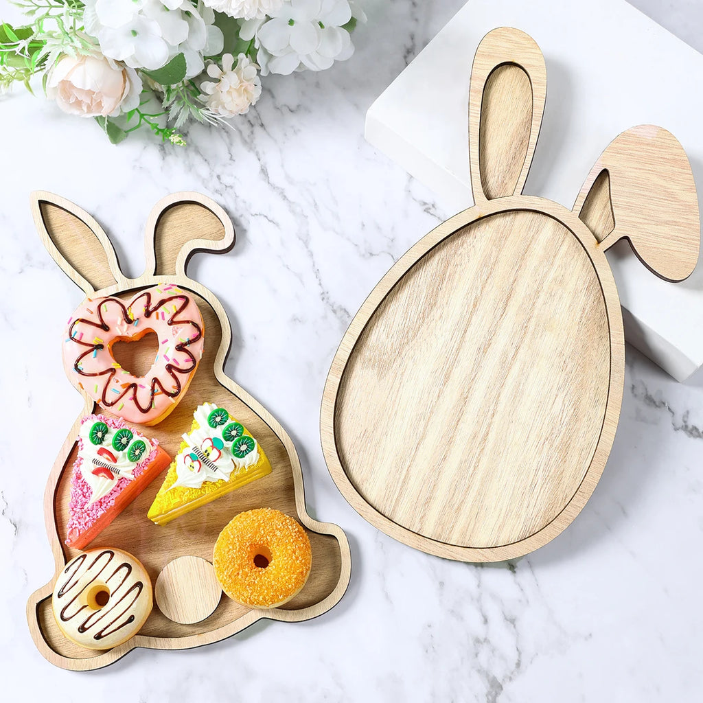 Easter Bunny Egg Wooden Tray Food Plate Fruit Serving Bread Display Wooden Spring Decor  Cake Decor Easter Supplies