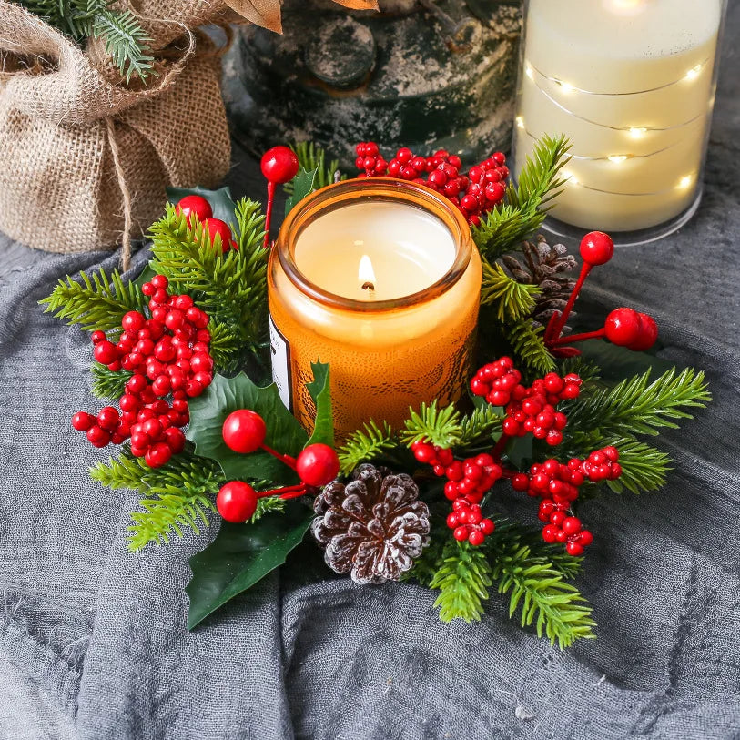 Christmas Candle Wreath Dining Table Decors Classic Red Berries Pinecone Centerpiece Garland Multifunctional Candle Holder 2025