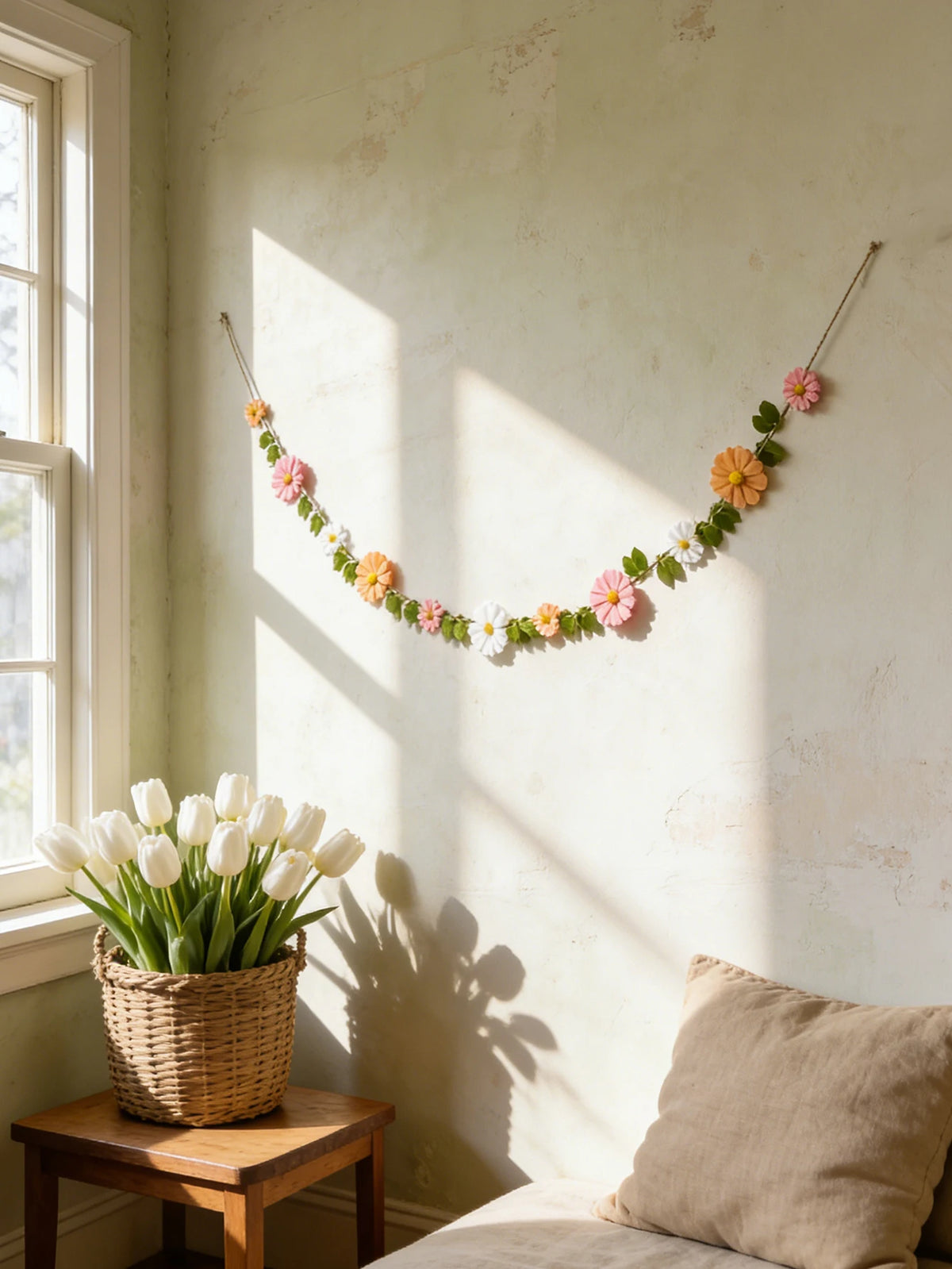 Spring Felt Daisy Flower Garland, Boho Floral Table Decor, Colorful Mantel Swag Ornament for Easter, Wedding & Home Party Decor