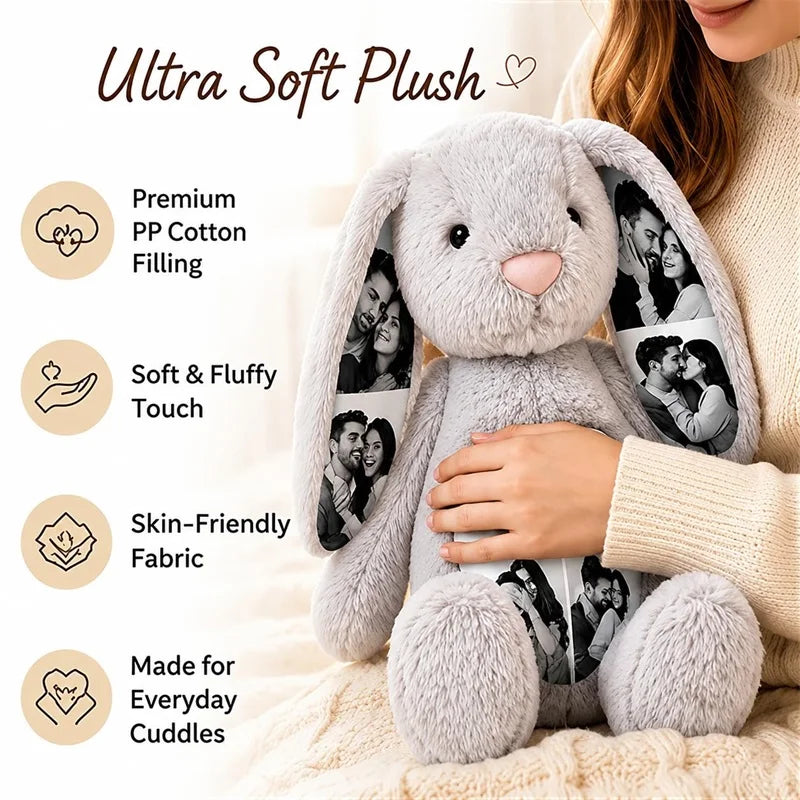 Custom Photo Bunny Plush with Hidden Ear Pictures Personalized Bunny Stuffed Animals Keepsake Gift for Couples Birthday Gifts
