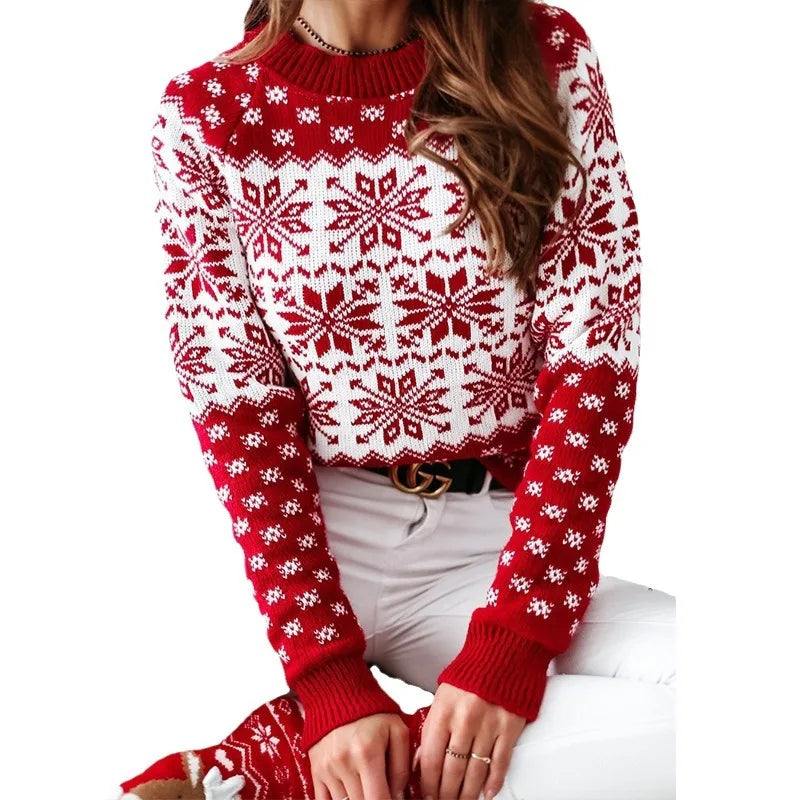 Women Winter Warm Sweater Christmas Snowflake Knitted Long Sleeve O Neck Ladies Jumper Fashion Casual Printed Pullover Clothes