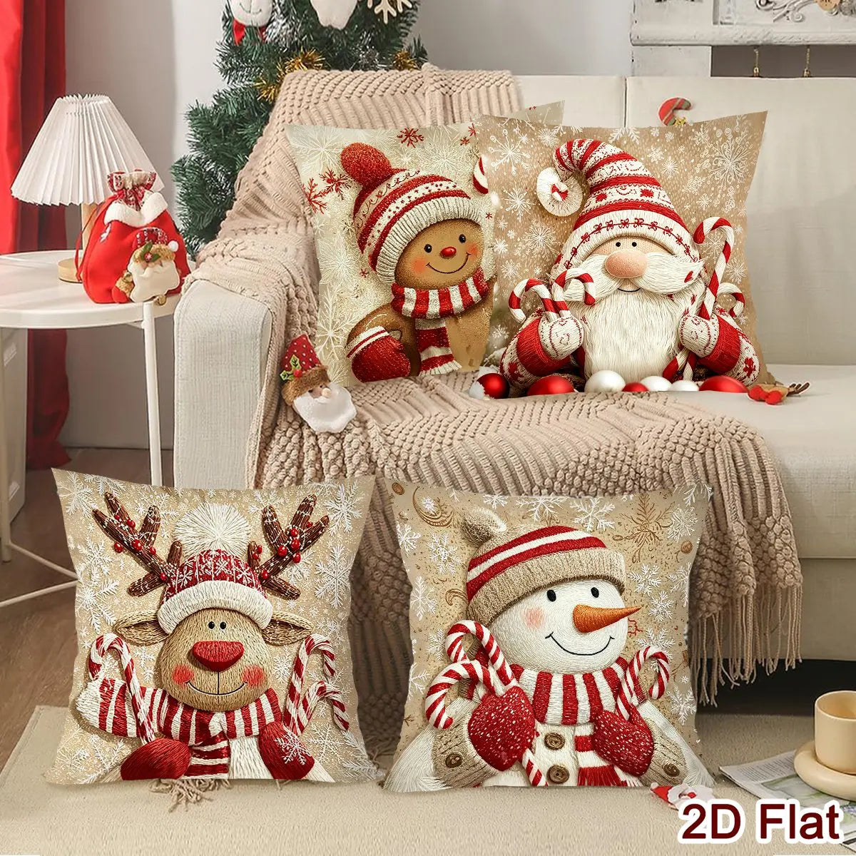 4pcs Merry Christmas 2D Flat Pillowcase Santa Claus Printed Polyester Pillow Cover Family Living Room Sofa Xmas Party Decor