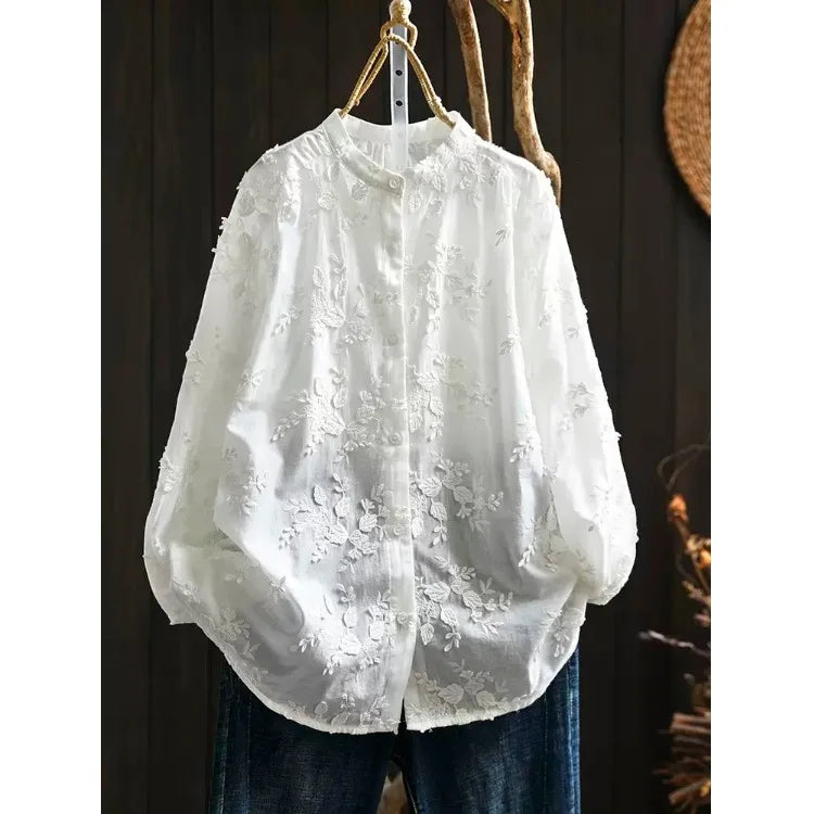 SuperAen Spring New Three-dimensional Flower Embroidered Cotton White Shirt Women Loose Sweet O-neck Long-sleeved Shirts
