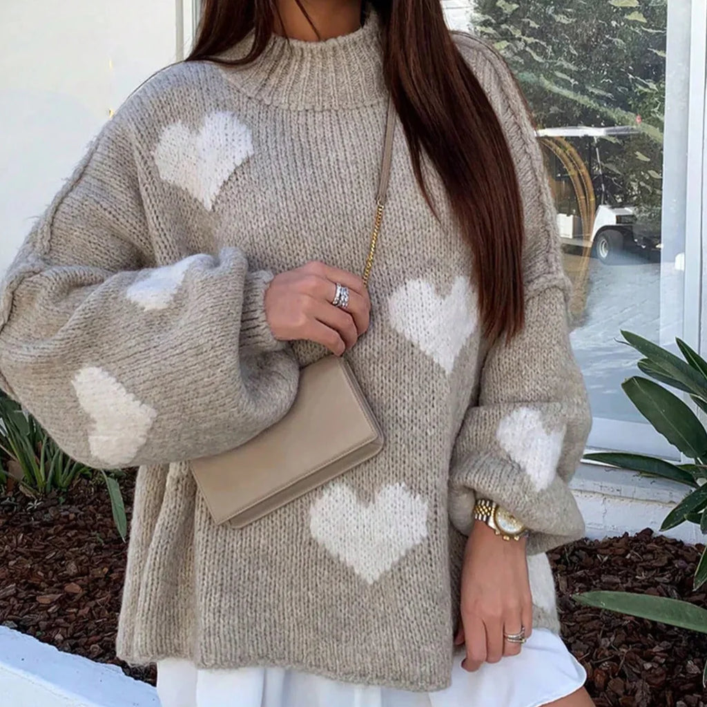 Women Oversized Heart Pattern Knit Sweater Mock Neck Loose Lantern Long Sleeve Thick Pullover Jumper Autumn Winter Daily Wear