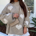 Women Oversized Heart Pattern Knit Sweater Mock Neck Loose Lantern Long Sleeve Thick Pullover Jumper Autumn Winter Daily Wear
