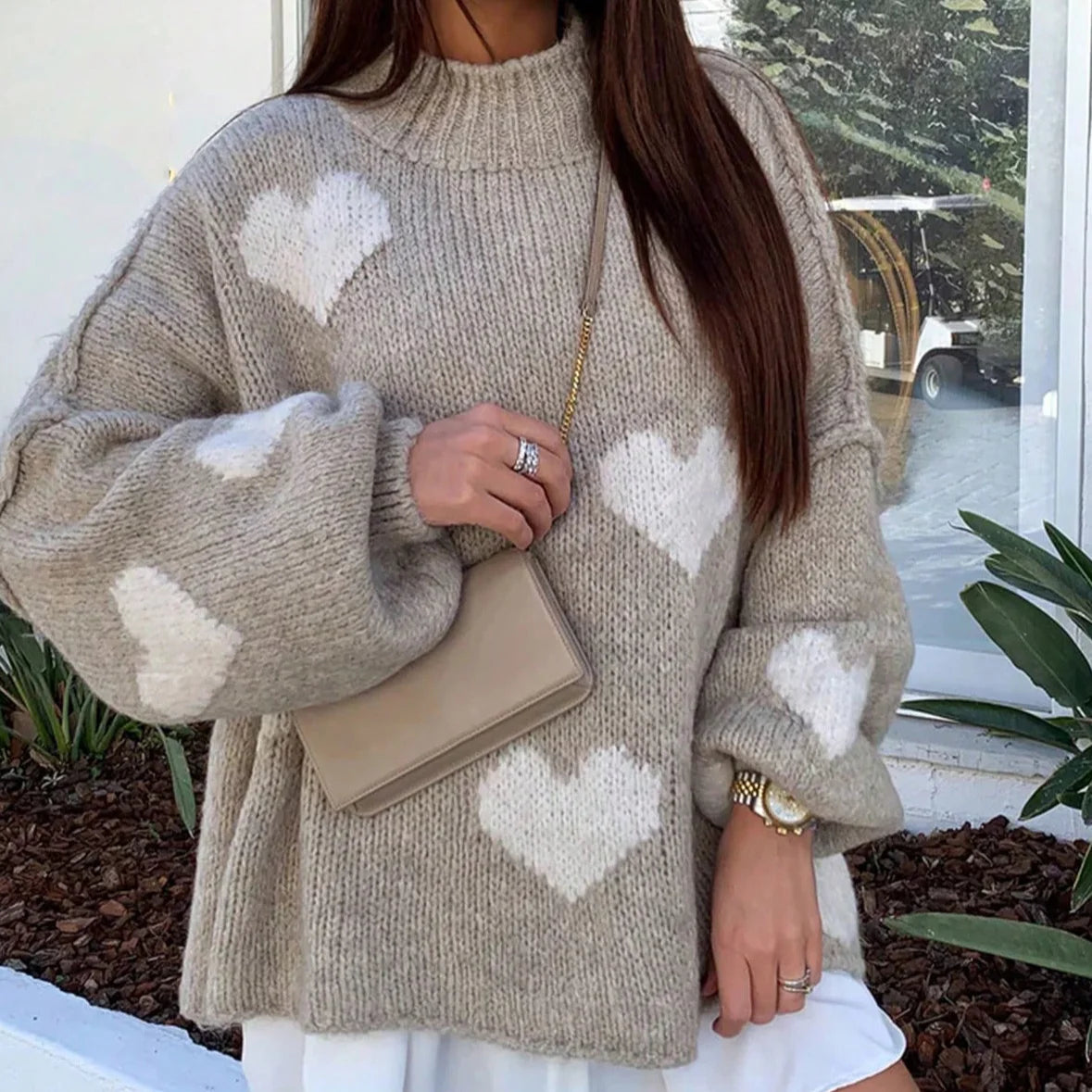 Women Oversized Heart Pattern Knit Sweater Mock Neck Loose Lantern Long Sleeve Thick Pullover Jumper Autumn Winter Daily Wear