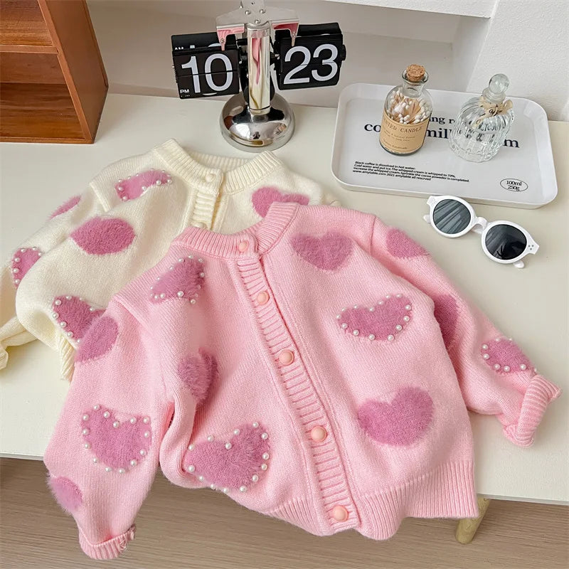 Girls Spring and Autumn New Korean Style Sweet Casual Heart-shaped Sweater Cardigan