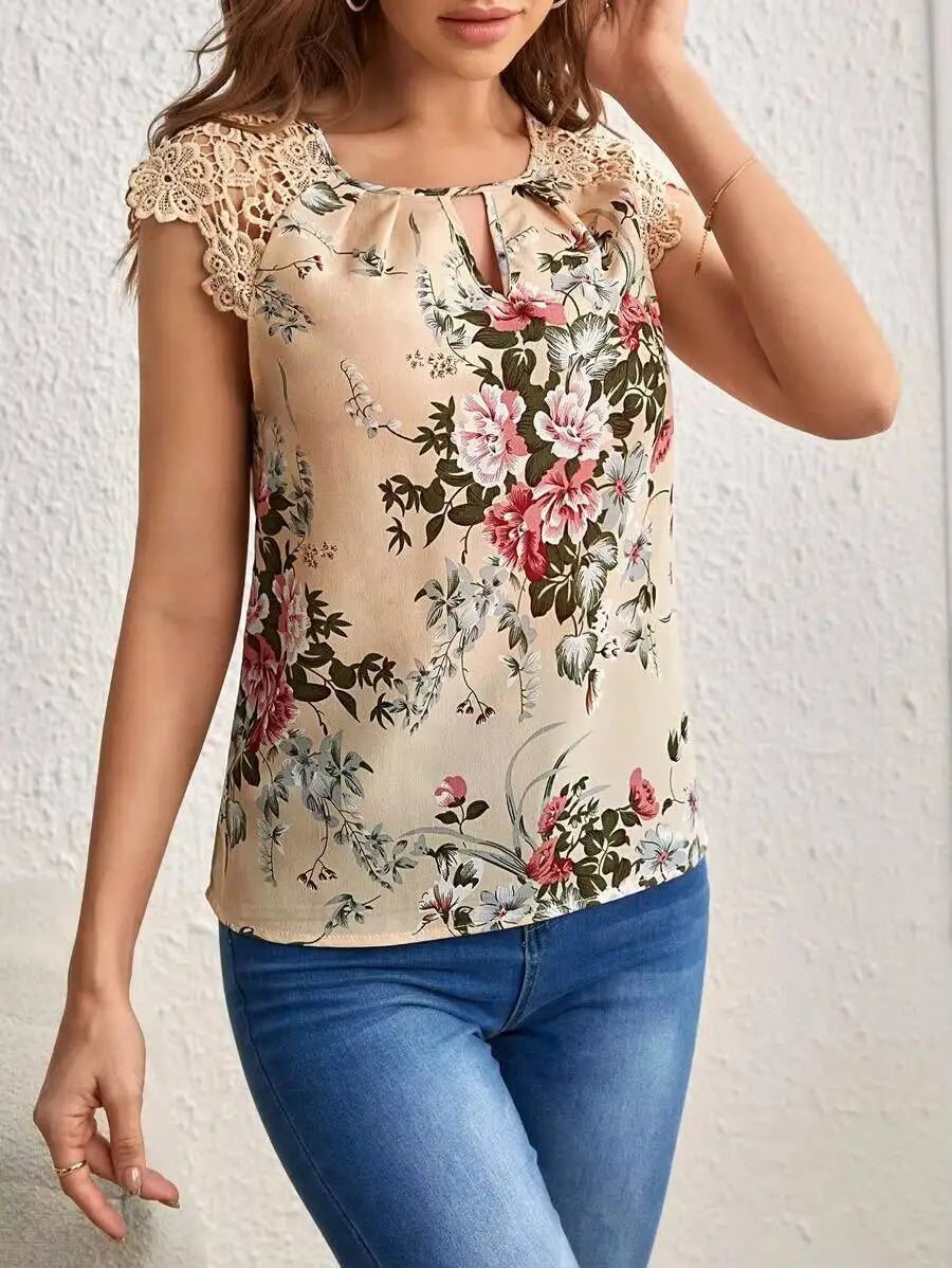 Women T-Shirt Spring Summer Light Beige Floral Print Round Neck Keyhole Shoulder Lace Sleeveless Sweet Elegant Daily Casual Top