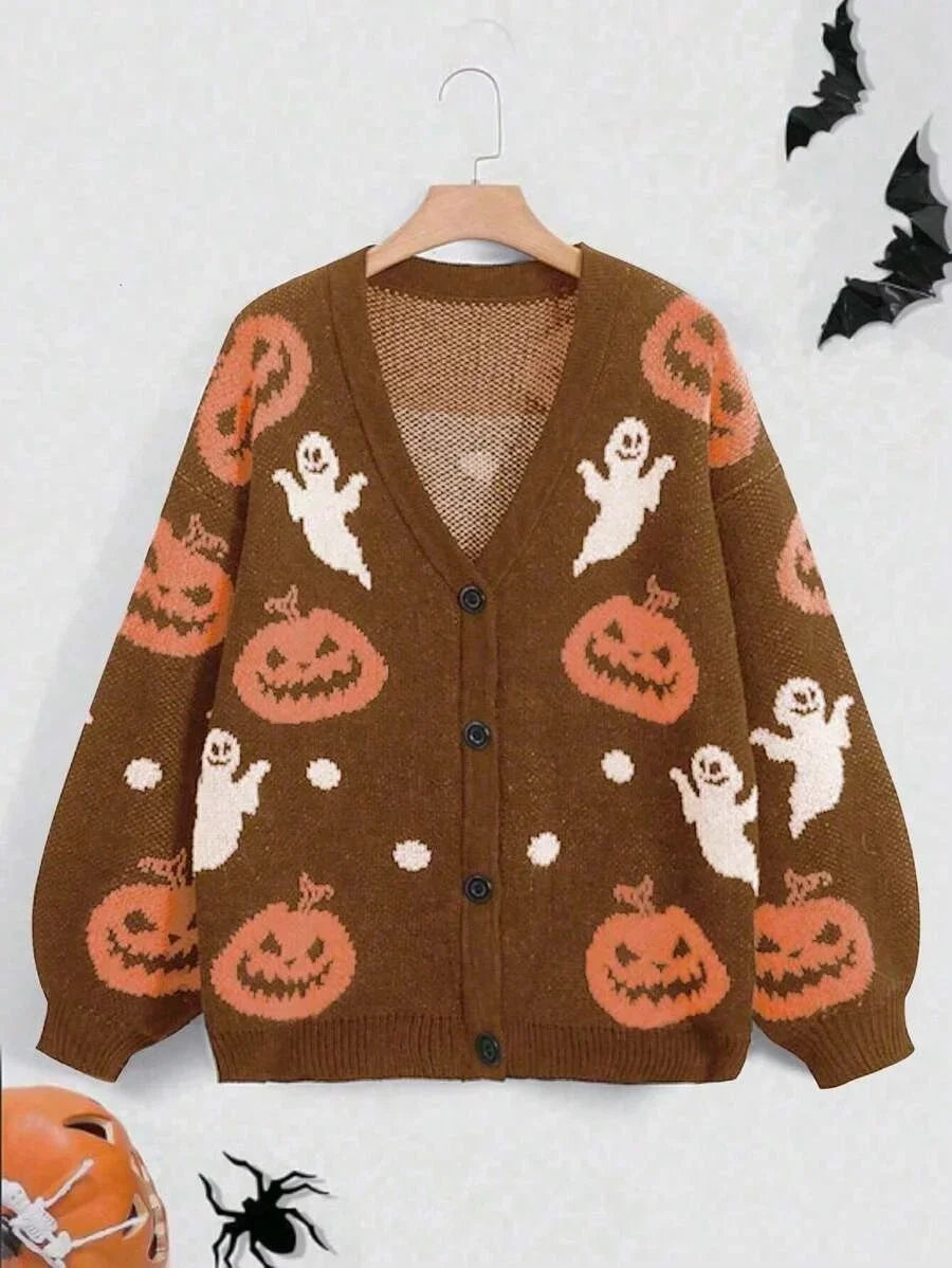 V Neck Cardigan Sweater Length Pumpkin Print Chunky Striped Loose Coat For Women Halloween Casual Autumn Outerwear