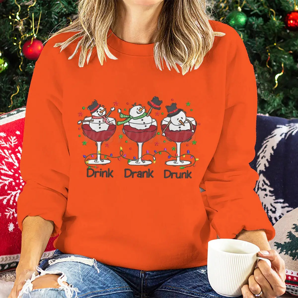 Women Wine Glass Christmas Sweatshirt Jumper Xmas Gifts Cartoon Top Long Sleeves Funny Cute Snowman Harajuku Fashion Sweater