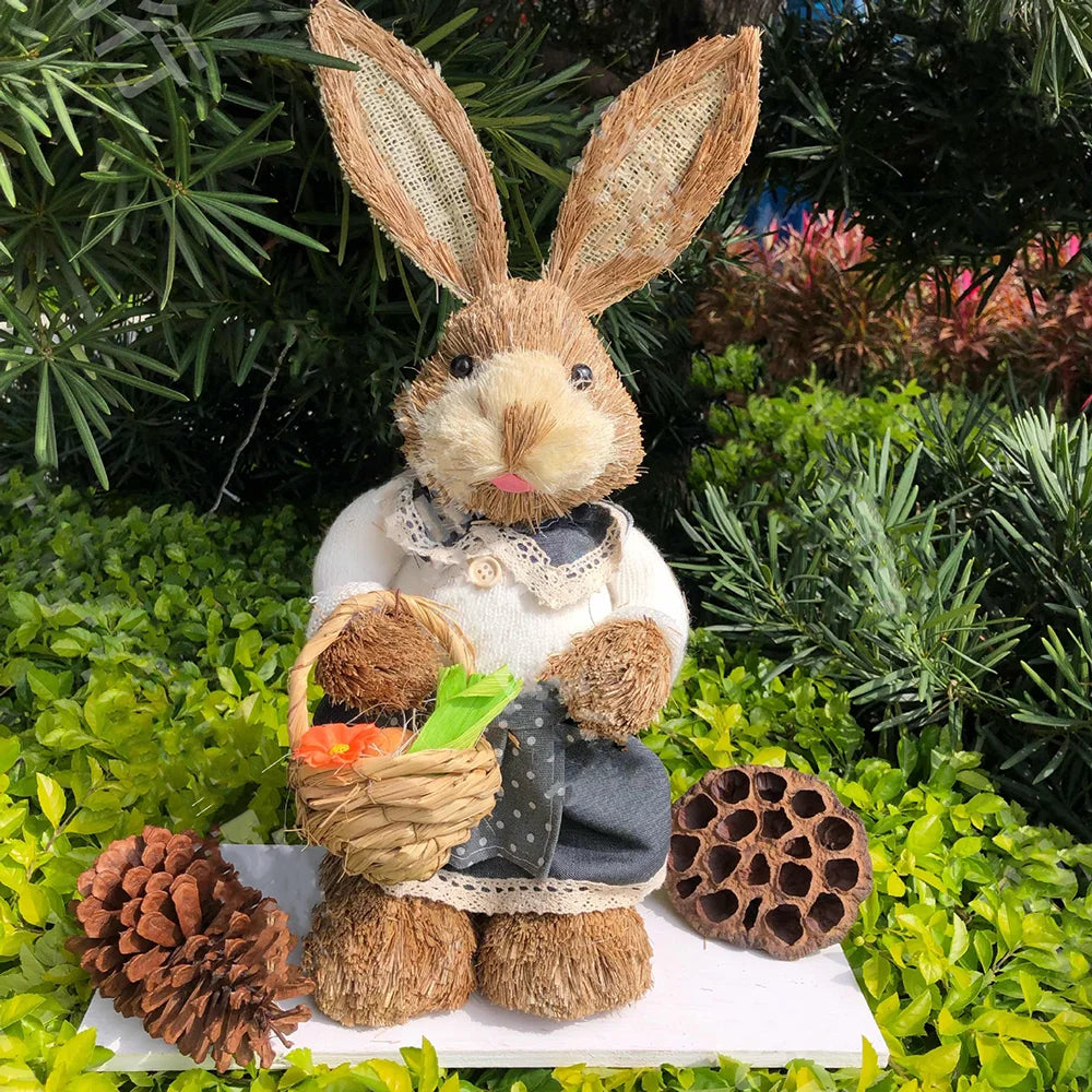 35cm Easter Straw Rabbit Woven Bunny Easter Decoration Sculpture Yard Party Home Easter Ornament Statuette Decoration