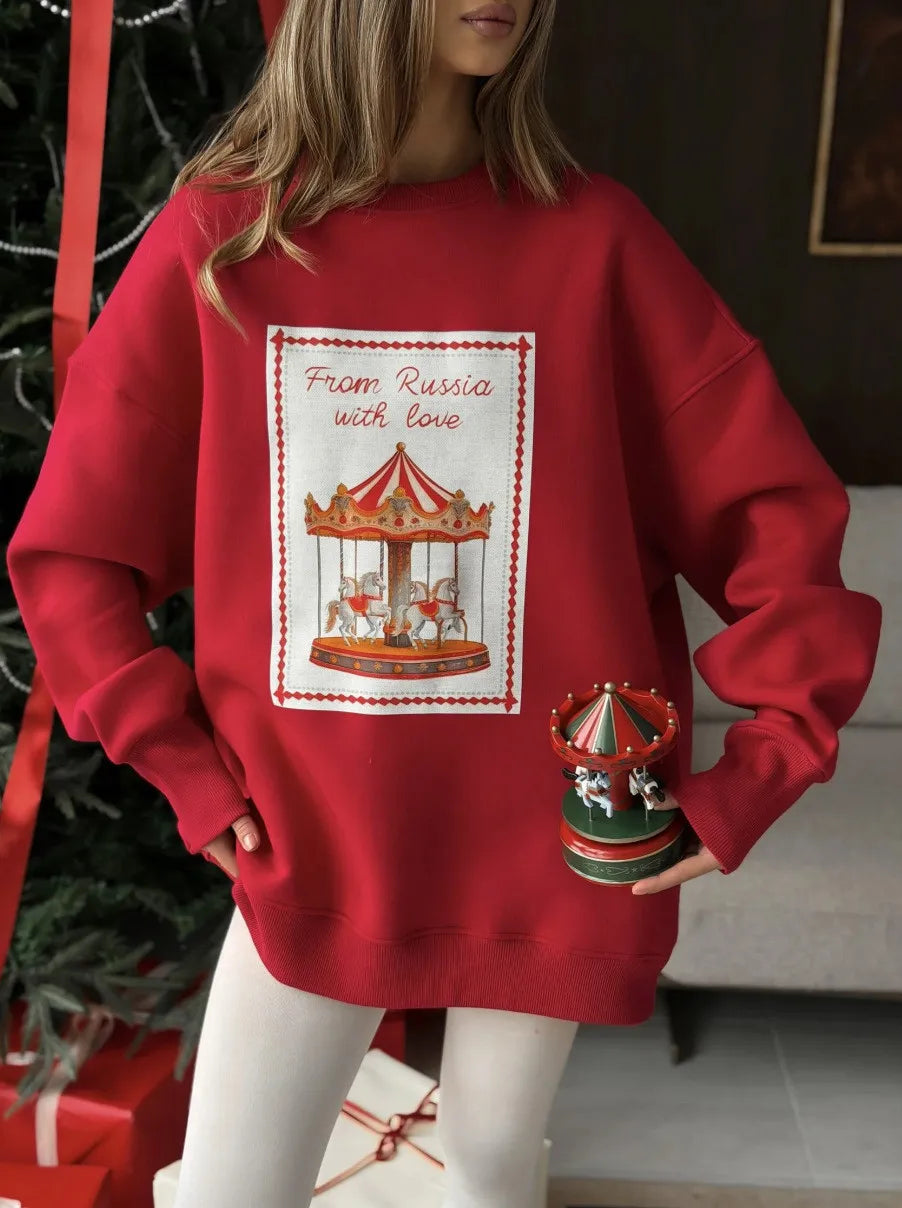 Christmas Sweet Women Oversized Red Crewneck Sweatshirt "From Russia with Love" Carousel Print Retro Festive Holiday Pullover