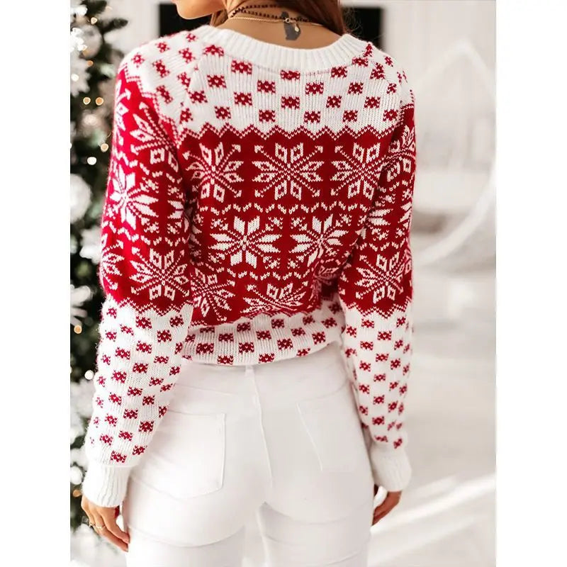 Women Winter Warm Sweater Christmas Snowflake Knitted Long Sleeve O Neck Ladies Jumper Fashion Casual Printed Pullover Clothes