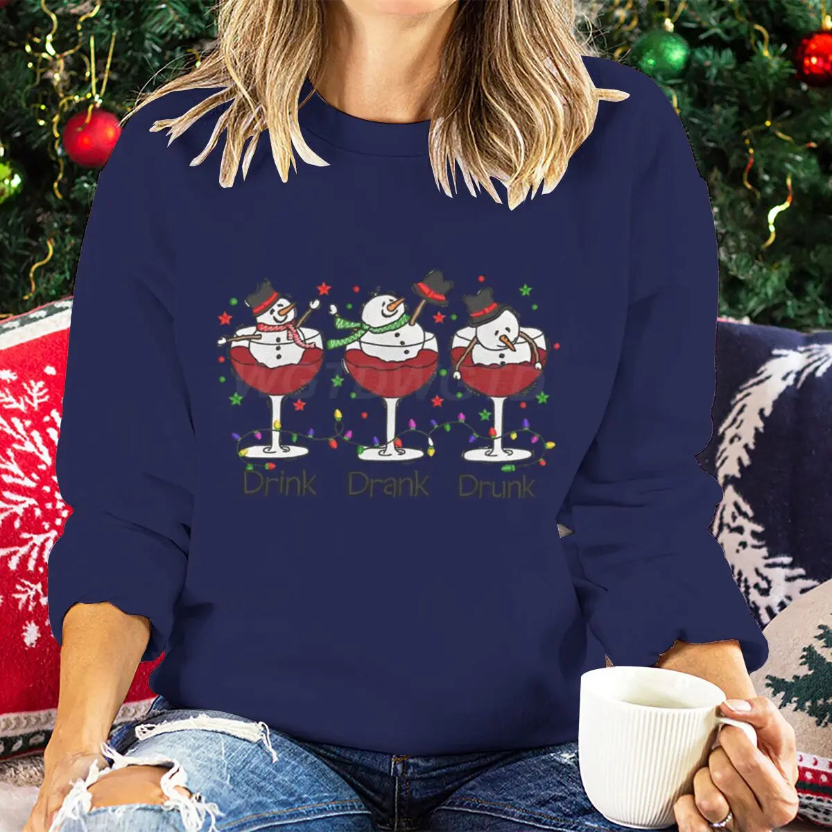 Women Wine Glass Christmas Sweatshirt Jumper Xmas Gifts Cartoon Top Long Sleeves Funny Cute Snowman Harajuku Fashion Sweater