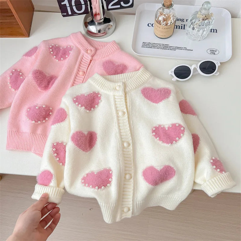 Girls Spring and Autumn New Korean Style Sweet Casual Heart-shaped Sweater Cardigan