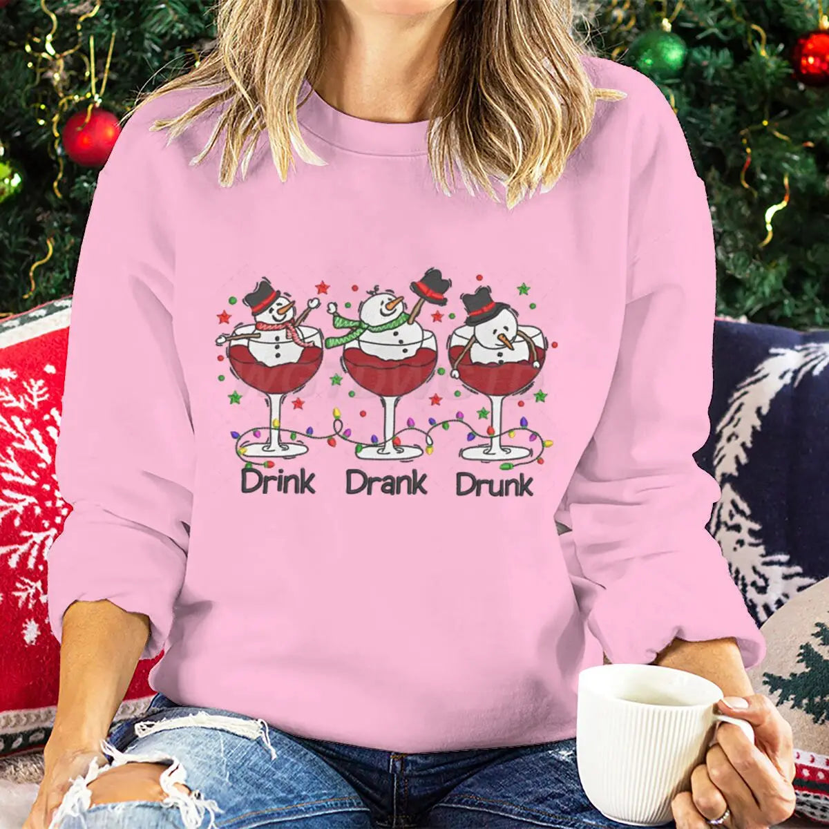 Women Wine Glass Christmas Sweatshirt Jumper Xmas Gifts Cartoon Top Long Sleeves Funny Cute Snowman Harajuku Fashion Sweater
