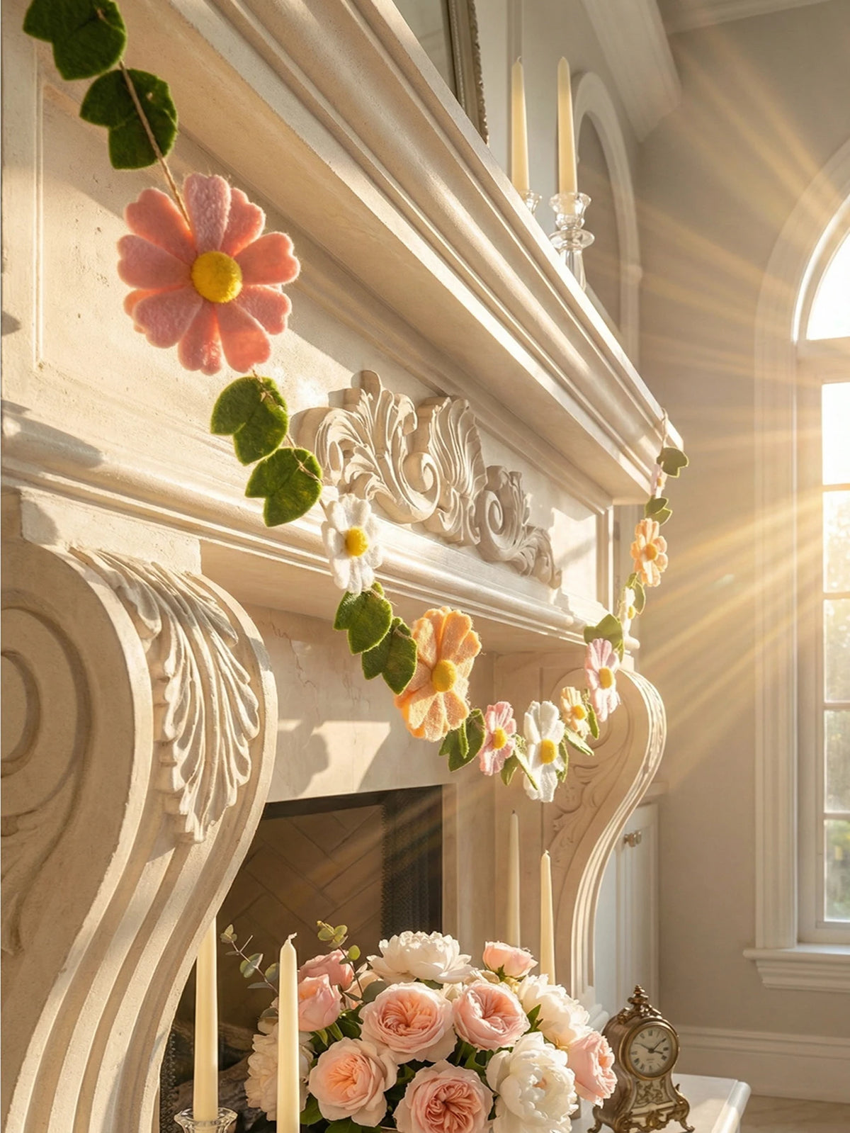 Spring Felt Daisy Flower Garland, Boho Floral Table Decor, Colorful Mantel Swag Ornament for Easter, Wedding & Home Party Decor