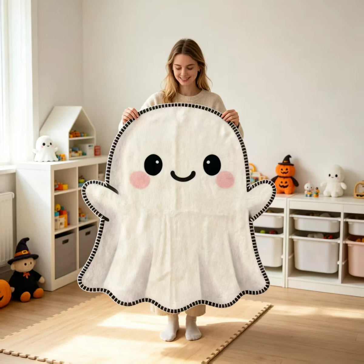 Halloween Flannel Blanket Cute Ghost Irregular Blanket, Flannel Blanket Pumpkin Bat Web Halloween Blanket for Home Decora Gift