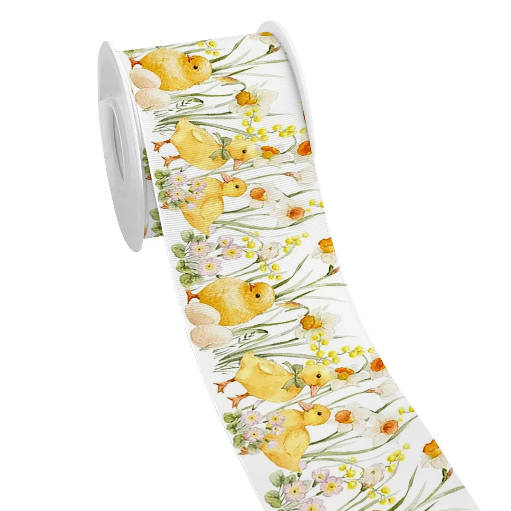 Spring Rabbit Easter Day Chick Cartoon Printed Grosgrain Satin Ribbon for Gift Wrapping Hair Bow Craft Accessory