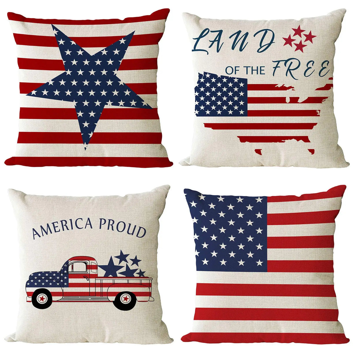 4th of July Pillow Covers 18x18 Set of 4 God Bless America Stars Flower Independence Day Decor Memorial Day Throw Cushion Case