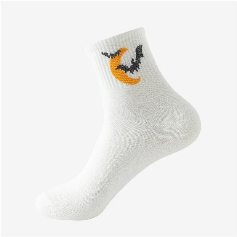 5-Pair Halloween Novelty Socks for Men: Spooky Designs, Breathable Cotton, Mid-Calf, Party Favors