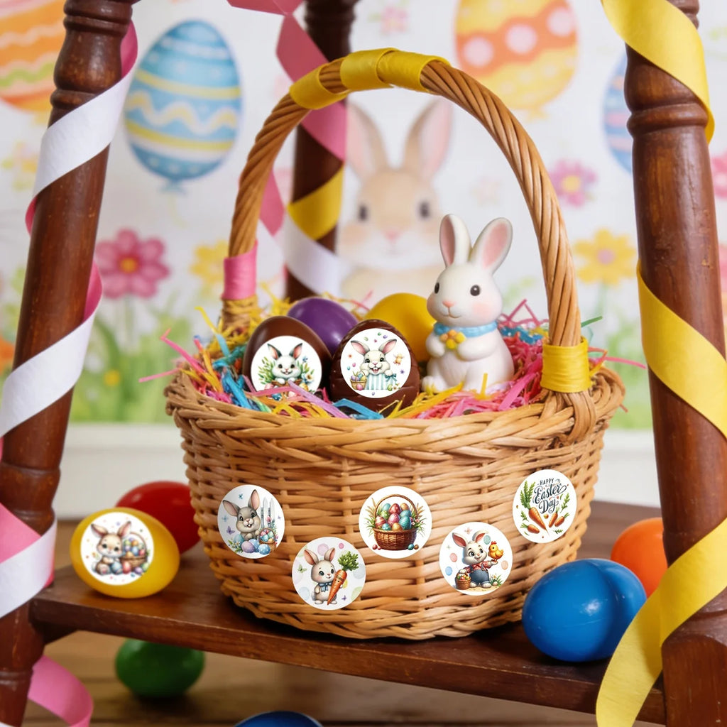 500pcs Easter Rabbits Round Stickers Cartoon Bunny Easter Egg Stickers Label Easter Party Envelope Gift Seal Sticker Label Decal