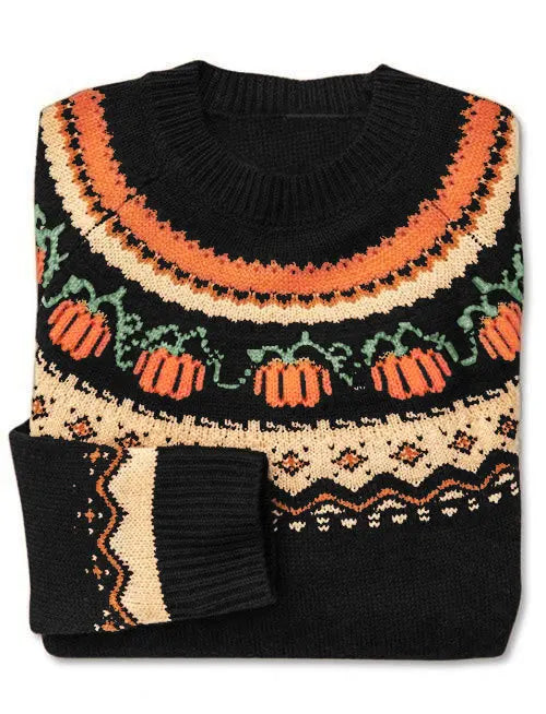 Roupas Femininas Women's Holiday Round Neck Pullover Sweater Halloween Themed Decoration Pumpkin Jacquard Casual Knitted Sweater