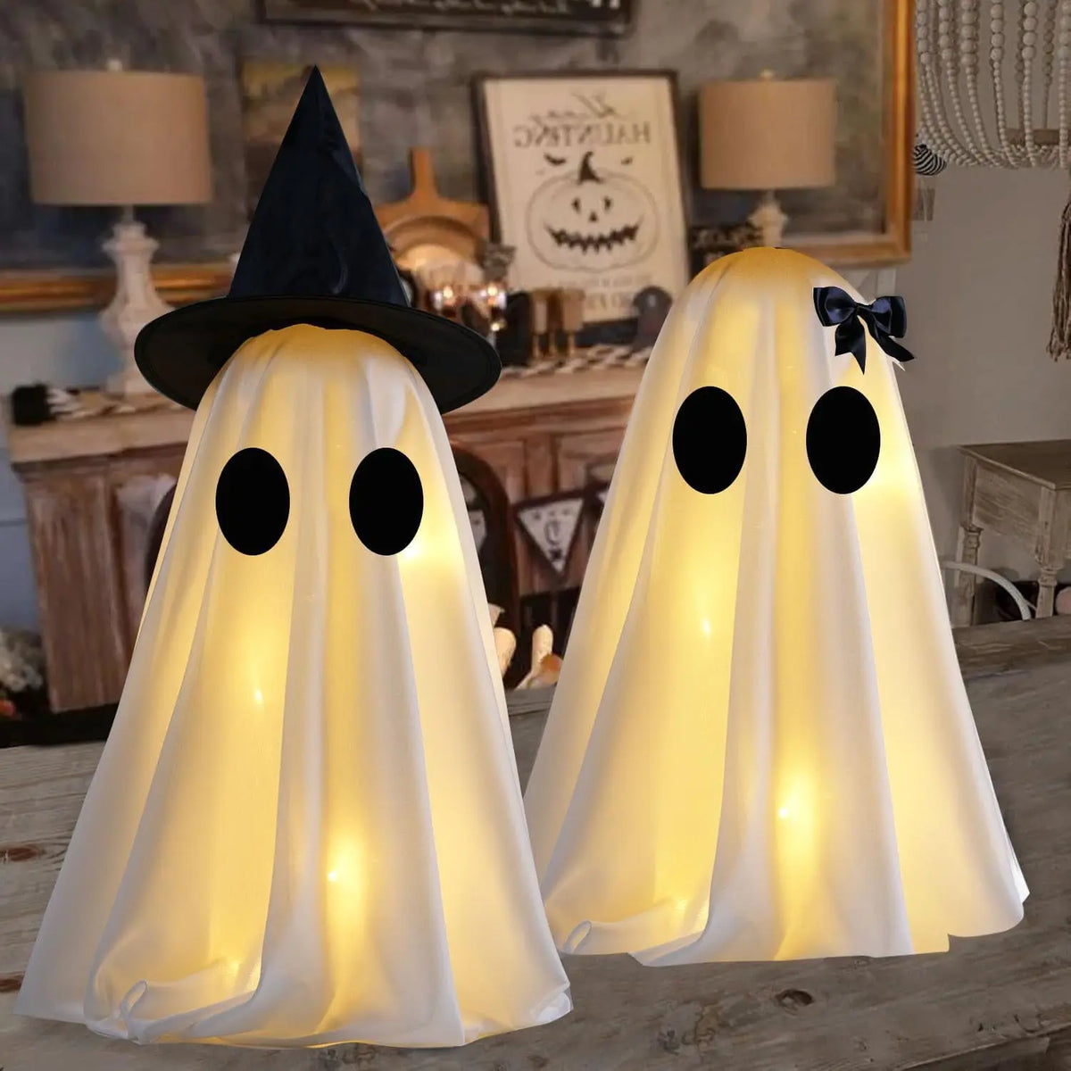 Halloween Ghost Decoration Glowing Desktop Ghost Standing Ornament Haunted Hanging Ghost Decor for Table Home Party Night Gift