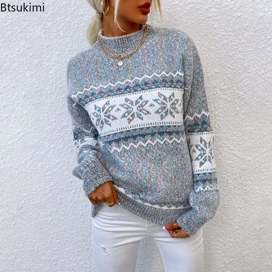 New Trendy Christmas Knitted Long Sleeve Semi High Neck Sweater Women's Snowflake Knitted Top Winter Temperament Casual Pullover