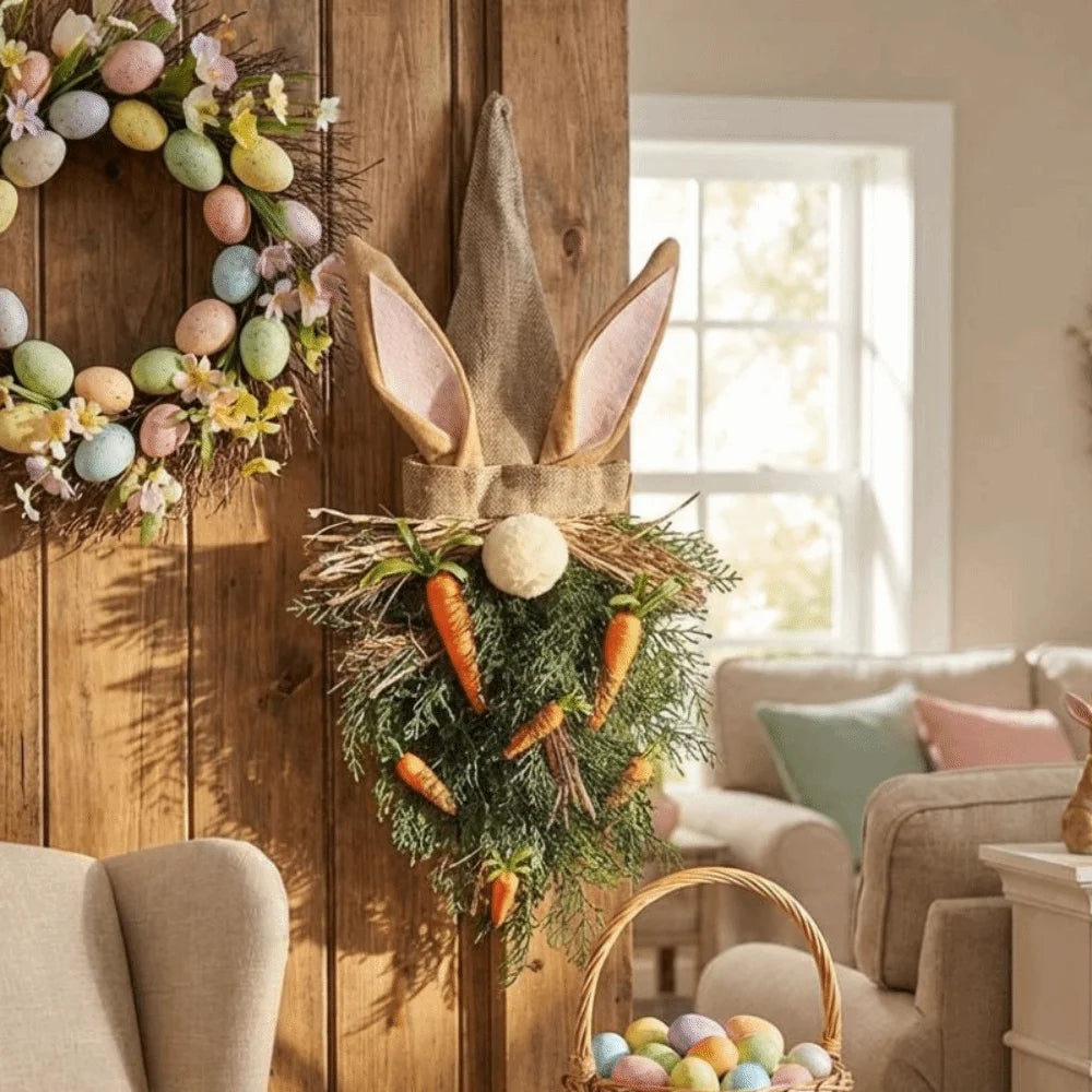 Rustic Style Easter Gnome Pendant Plastic Handmade Easter Bunny Wreath With Carrot Rabbit Ears Door Hanger Garden Decor