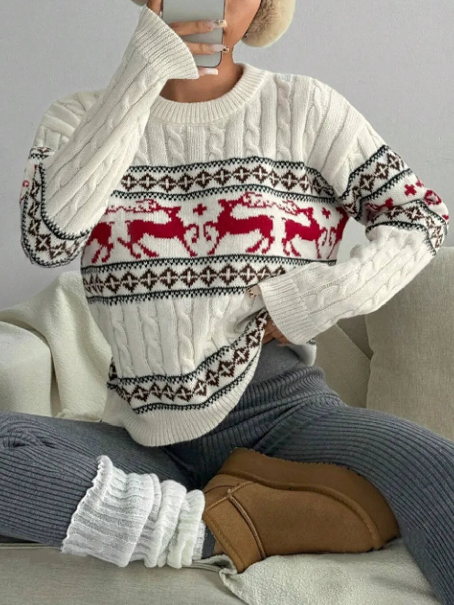 Women Fashion Christmas Reindeer Cable Knit Sweater Winter O-neck Long Sleeve Retro Pullover Casual Holiday Jumper Top