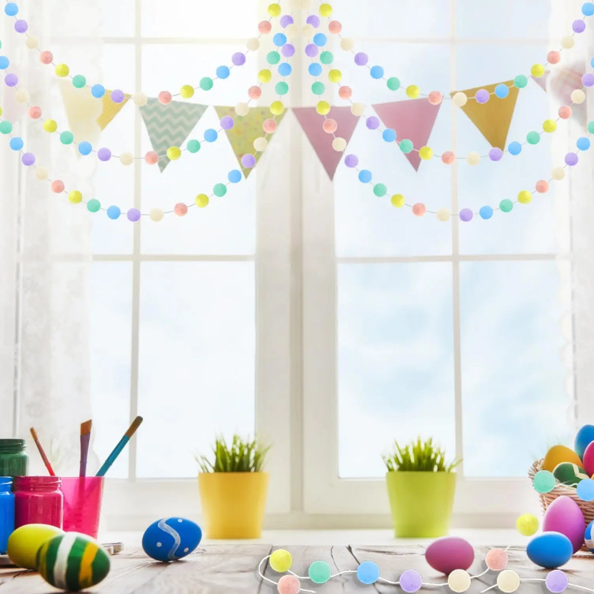 Pastel Pom Garland Hanging Easter Decorations Cute Rainbow Colorful Felt Ball Garland Baby Shower Birthday Party Supplies Favors