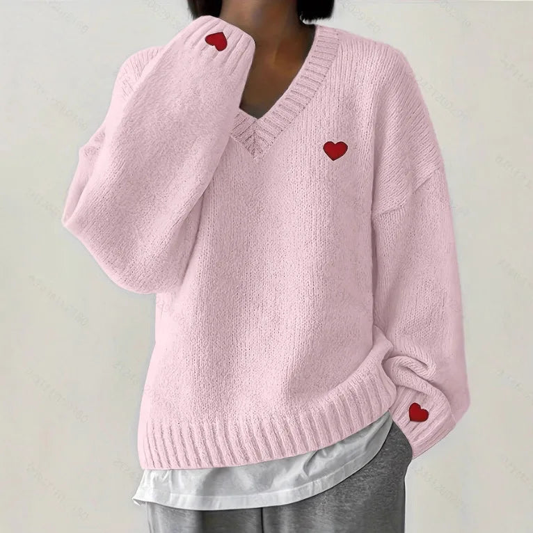 Heart Embroidery Sweater Women's V Neck Oversized Pullover Romantic Casual Top