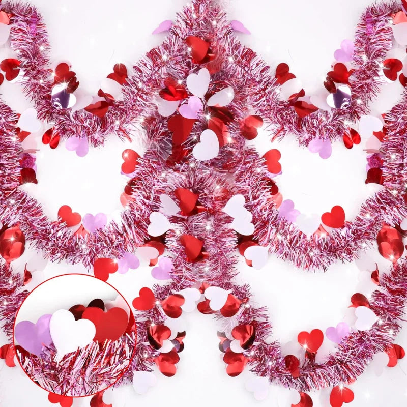 2M Valentines Heart Tinsel Garland Decorations, Valentines Day Red Pink White Metallic Garland Valentine's Day Decorations