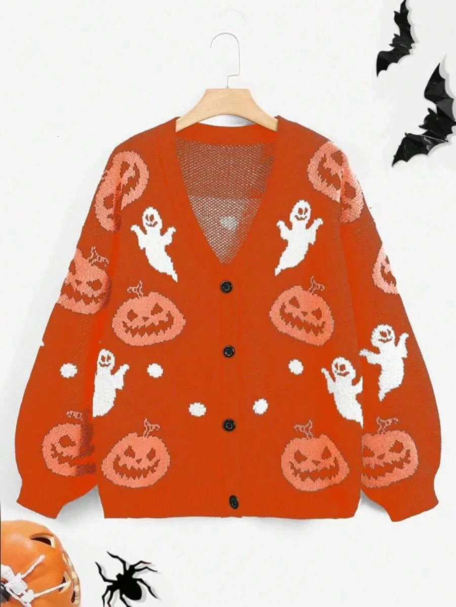 V Neck Cardigan Sweater Length Pumpkin Print Chunky Striped Loose Coat For Women Halloween Casual Autumn Outerwear