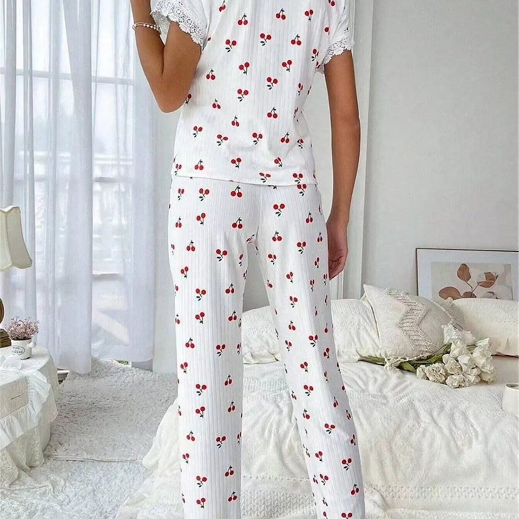 Sexy V-Neck Printed Pajamas Home Suit Set for Women's Hot Selling Cherry Lace Lace Short Sleeved Pants Summer Pajamas Set