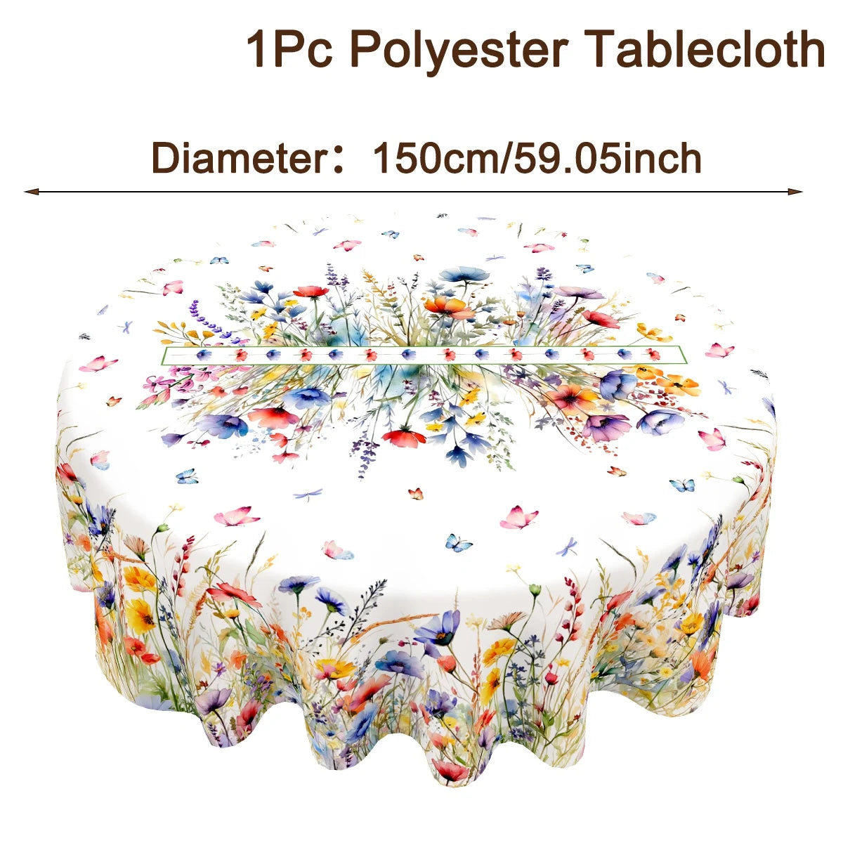 Spring Wildflower Tablecloth Floral Round Table Cover Polyester Table Decor for Easter Birthday Wedding Party Supplies